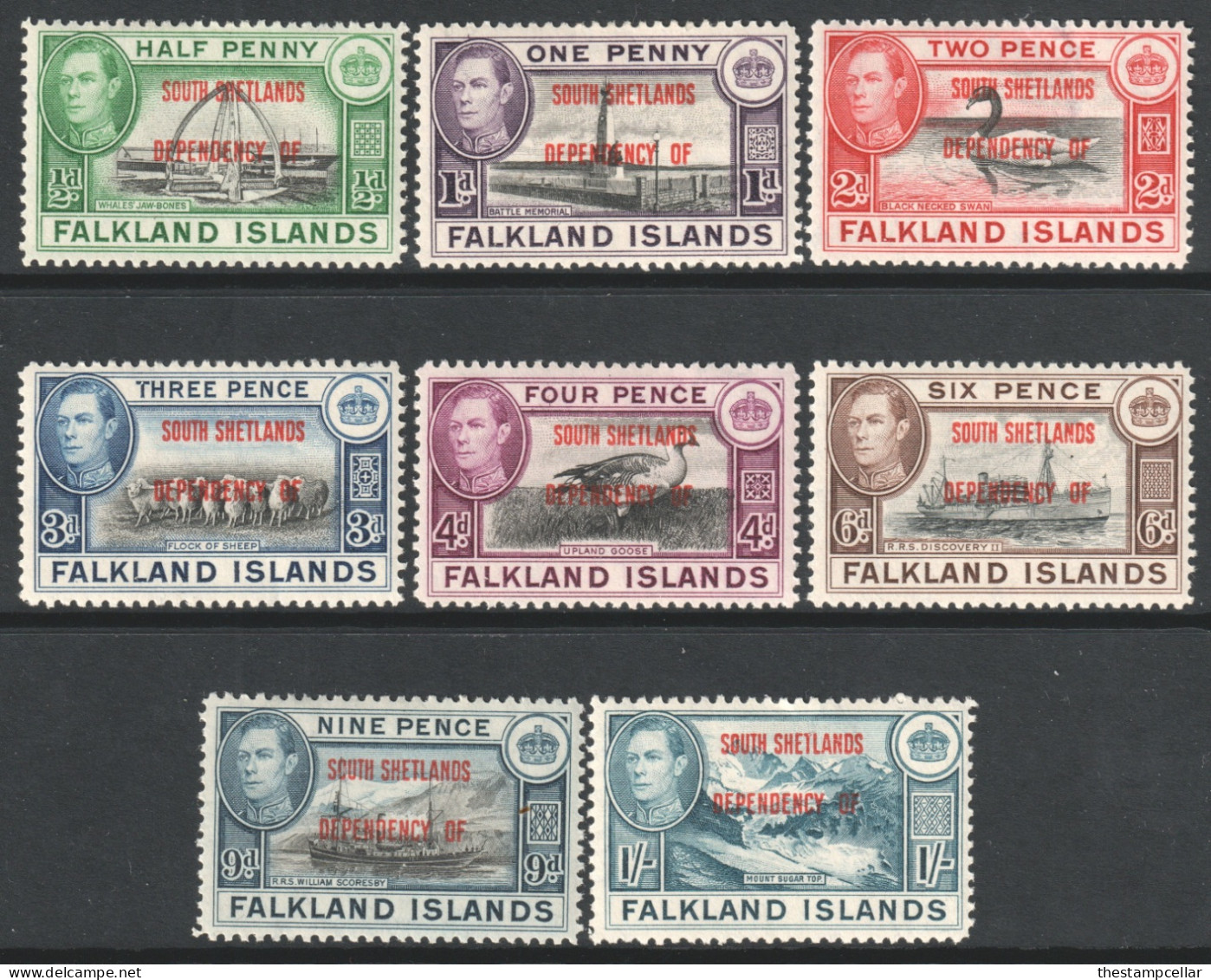 Falkland Islands South Shetlands Scott 5L1/5L8 - SG D1/D8, 1944 George VI Set MH* (2d Fault) - Islas Malvinas