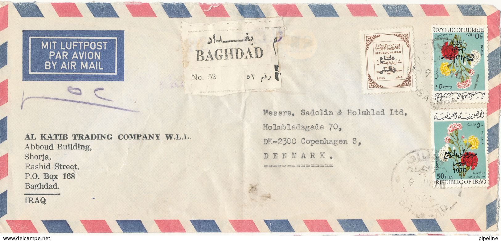Iraq Registered Air Mail Cover Sent To Denmark Baghdad 1970 Topic Stamps - Irak