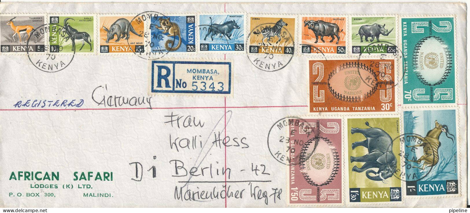 Kenya Registered Air Mail Cover With A Lot Of Topic Stamps Sent To Germany Mombasa 28-11-1970 - Kenia (1963-...)