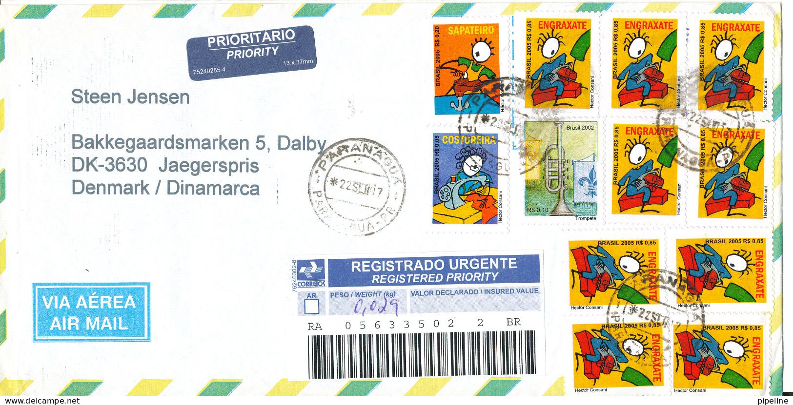 Brazil Registered Air Mail Cover Sent To Denmark 22-9-2007 Topic Stamps - Aéreo