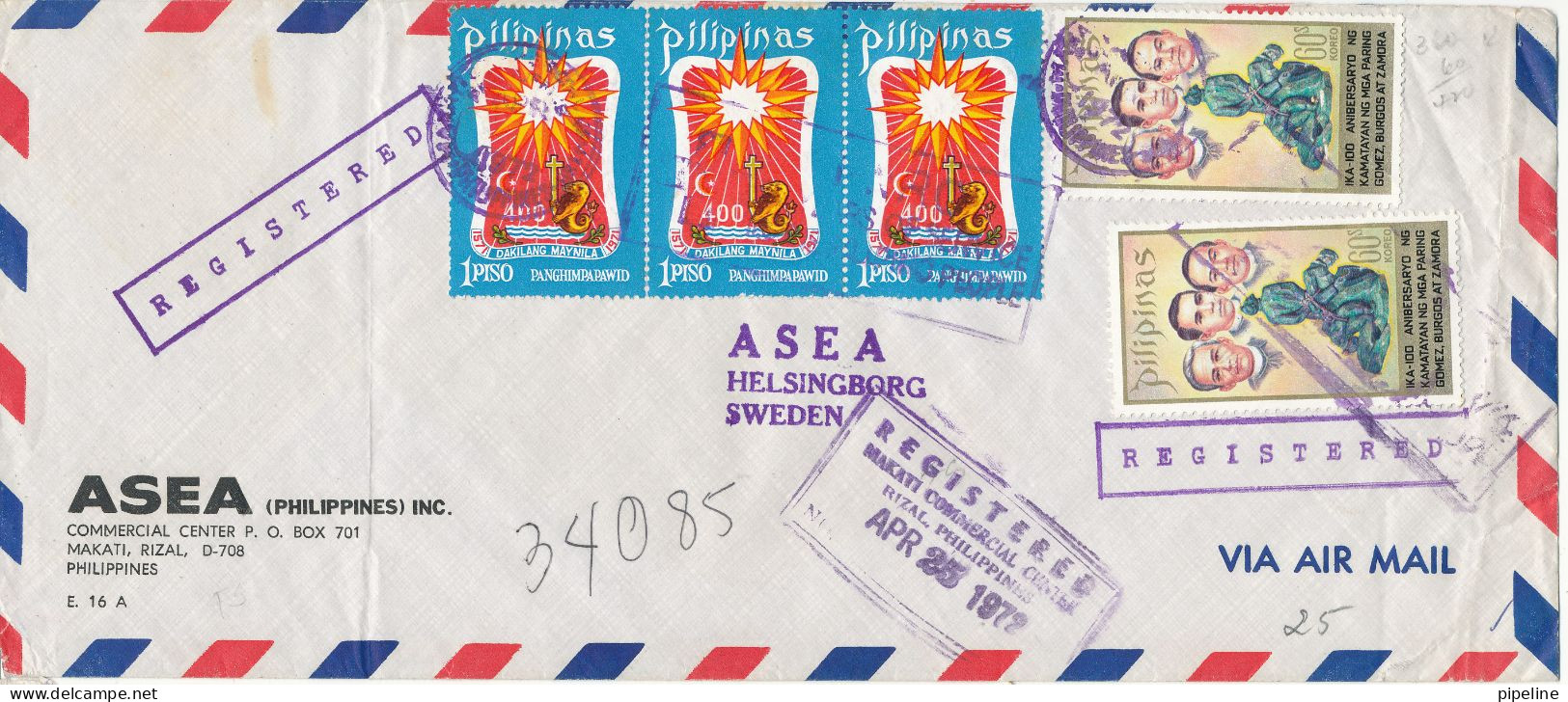 Phillippines Registered Air Mail Cover Sent To Sweden Makati  Rizal 25-4-1972 - Filipinas