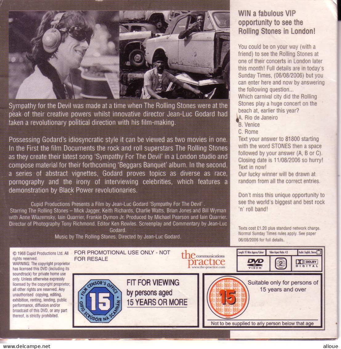 SYMPATHY FOR THE DEVIL DE JEAN-LUC GODARD - THE ROLLING STONES - DVD PROMO SUNDAY TIMES   - POCHETTE CARTON - DVD Musicaux