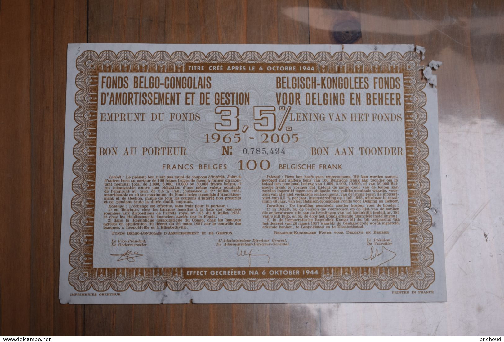 Fonds Belgo-Congolais D'amortissement Et De Gestion 100 Frs Emprunt 3,5% 1965-2005 Abîmé - Banco & Caja De Ahorros