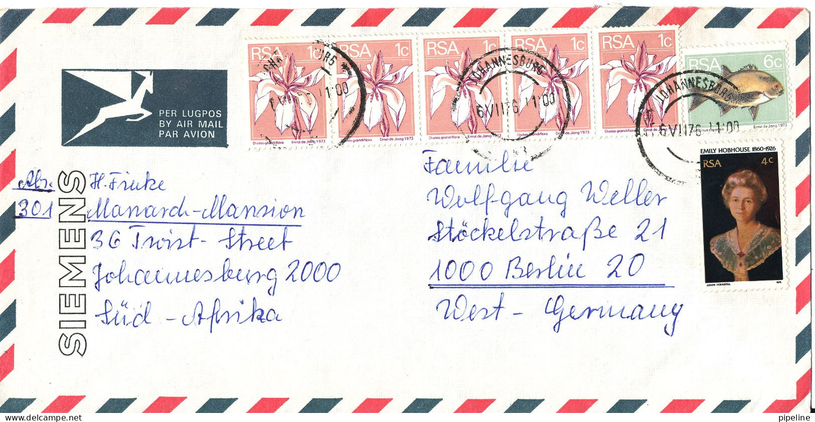 South Africa RSA Air Mail Cover Sent To Germany Johannesburg 6-7-1976 (topic Stamps) - Poste Aérienne