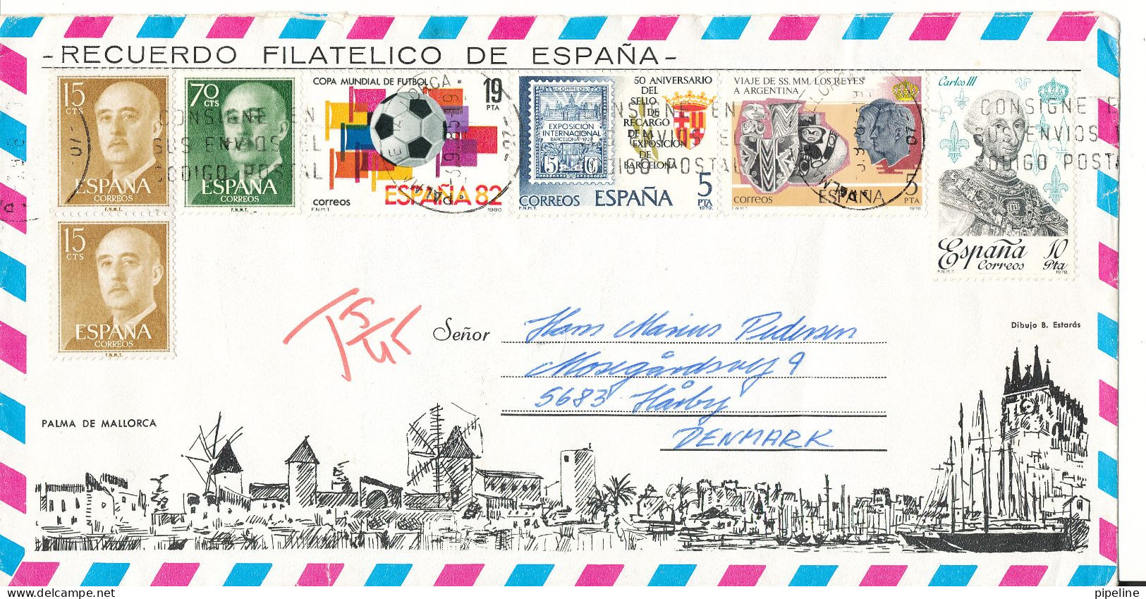 Spain Underpaid Air Mail Cover Sent To Denmark Palma De Mallorca 3-9-1985 With A Lot Of Stamps - Lettres & Documents