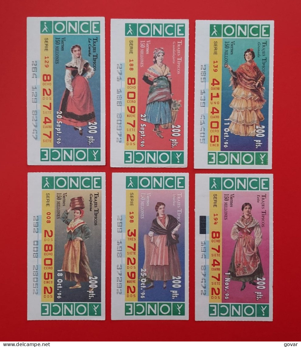 6 CUPONES ONCE SPANISH LOTTERI AÑO 1996 TEMA (TRAJES TÍPICOS) ESTADO BUENOS - Lottery Tickets