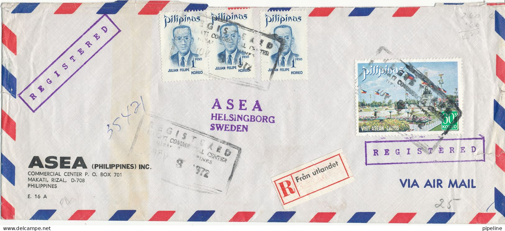 Philippines Registered Air Mail Cover Sent To Sweden 3-11-1972 With A Lot Of Overprinted Stamps On The Backside Of The C - Filipinas
