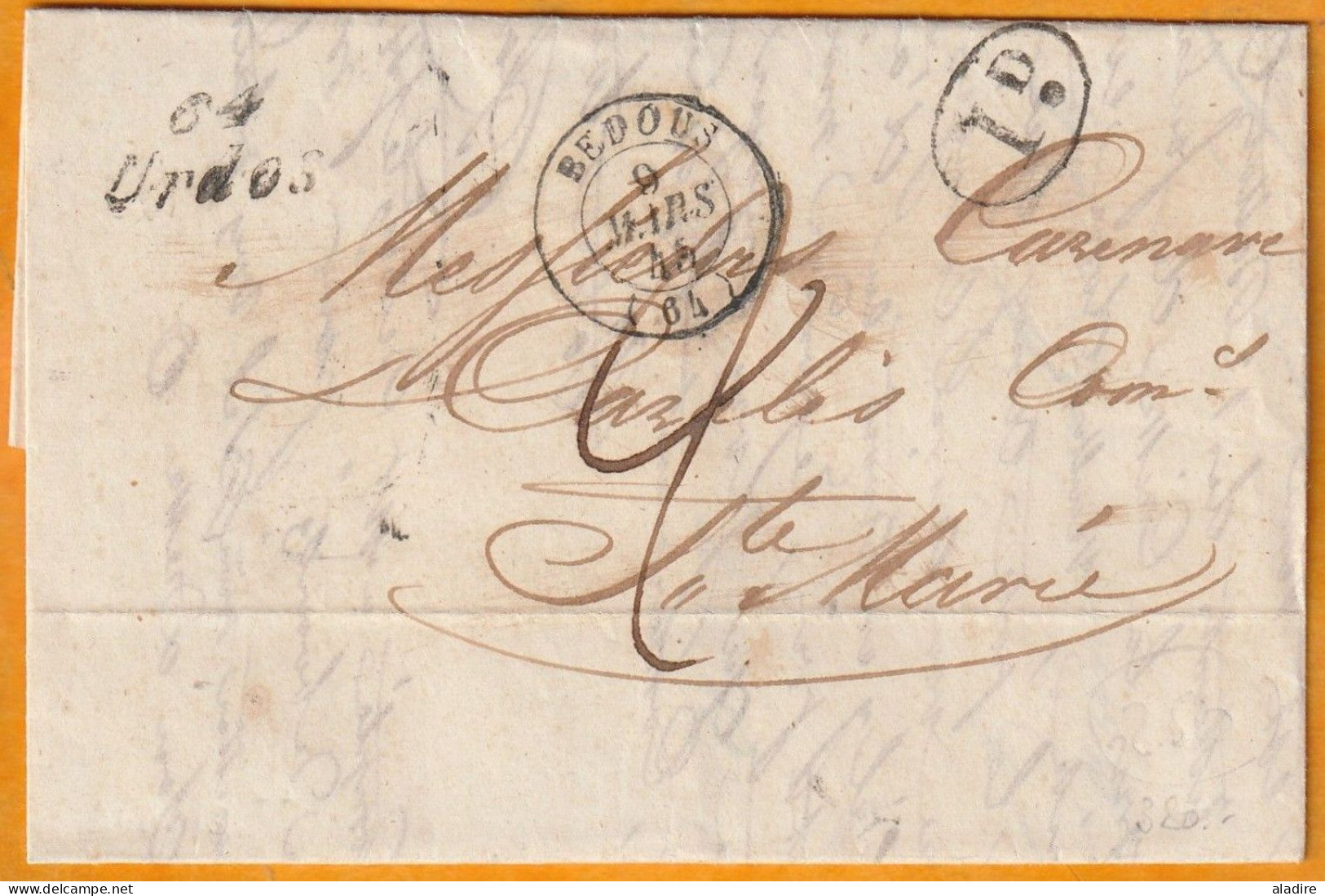 1845 - Cursive 64 URDOS Sur Lettre Pliée Vers (Oloron) Sainte Marie, Pyr Atl.  - Via Bedous - Cad Arrivée - Décime Rural - 1801-1848: Précurseurs XIX