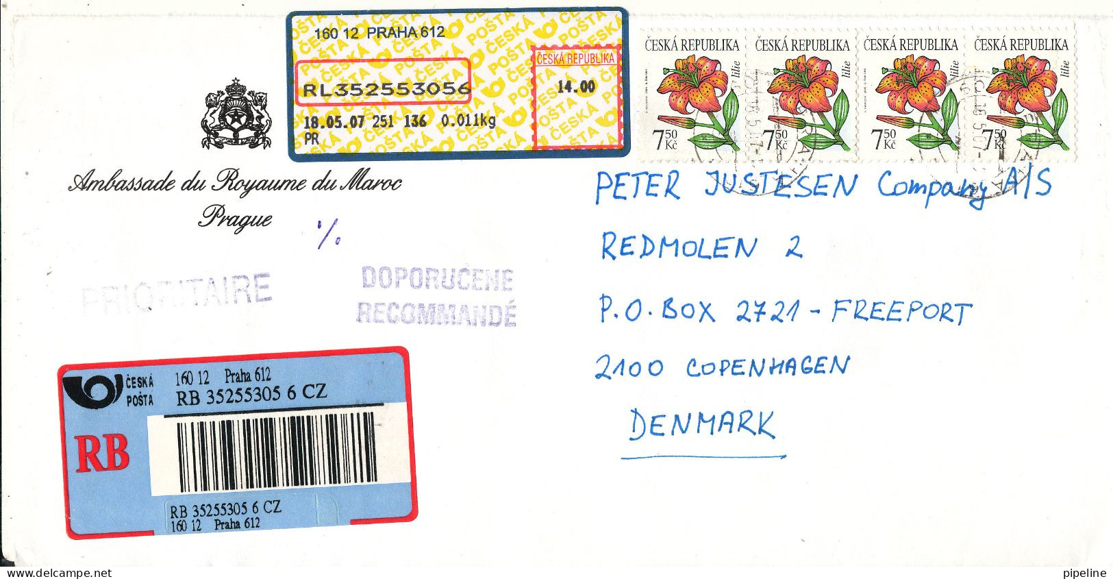 Czech Republic Registered Cover Sent To Denmark 18-5-2007 Topic Stamps (sent From The Embassy Of Morocco Praha) - Storia Postale