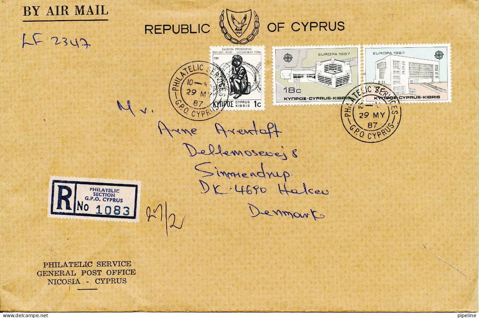Cyprus Republic Registered Cover Sent Air Mail To Denmark Nicosia 29-5-1987 - Covers & Documents