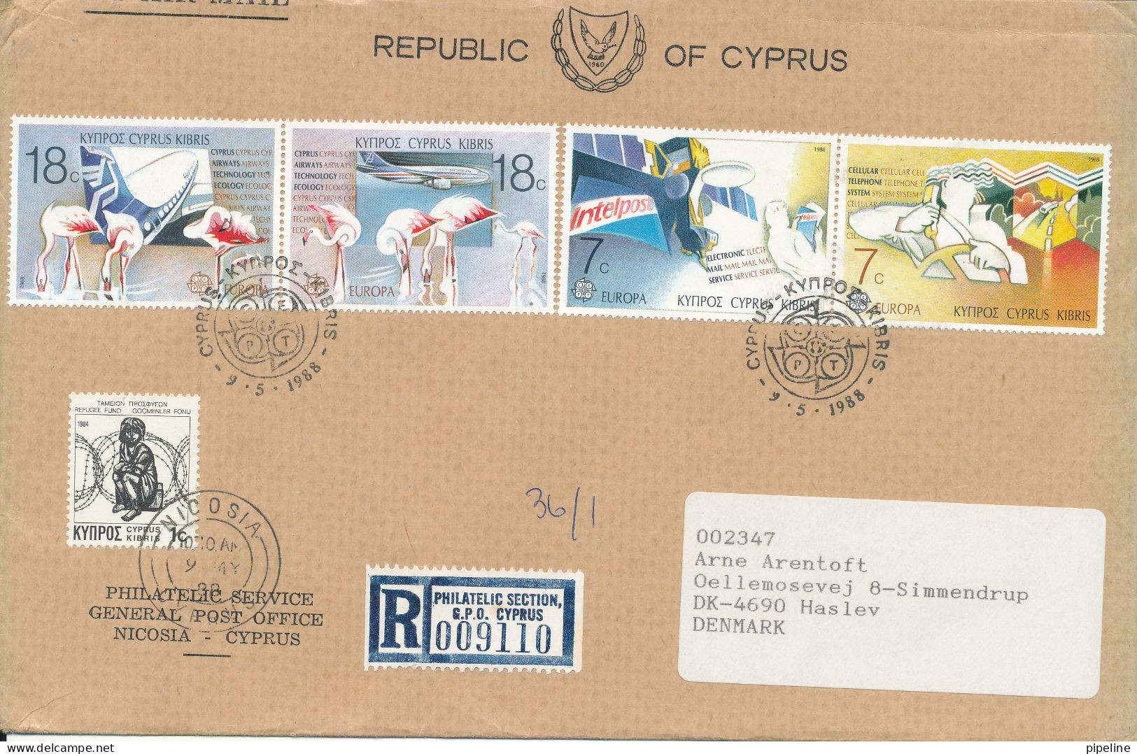 Cyprus Republic Registered Cover / FDC 9-5-1988 Complete Set Of 4 EUROPA CEPT Sent To Denmark - Lettres & Documents