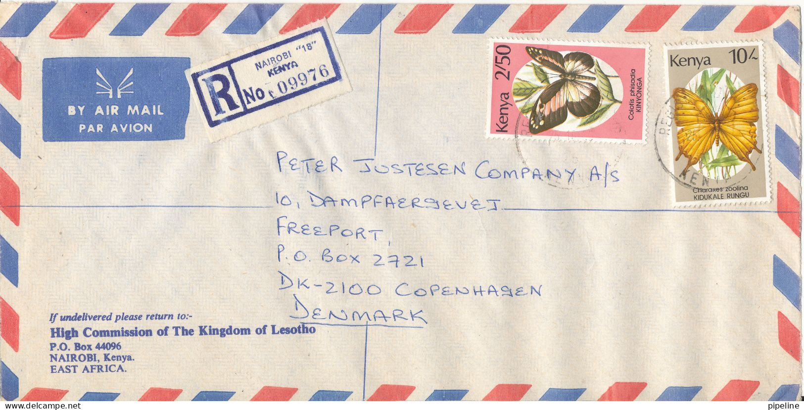 Kenya Registered Air Mail Cover Sent To Denmark 29-10-1990 Topic Stamps (sent From Lesotho High Commission Nairobi) - Kenia (1963-...)
