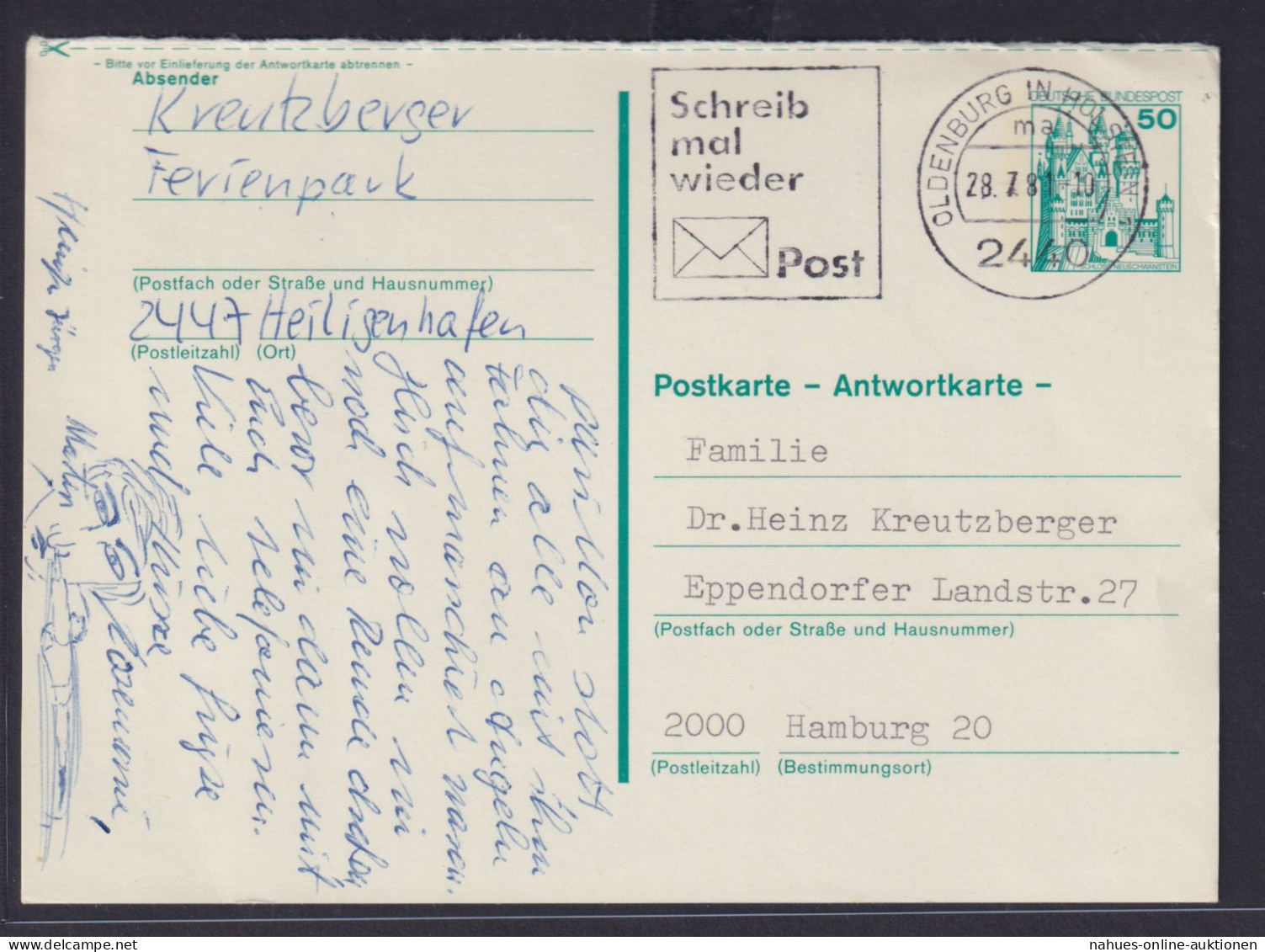 Bund Antwort Ganzsache Burgen & Schlösser Oldenburg Hamburg - Postcards - Used