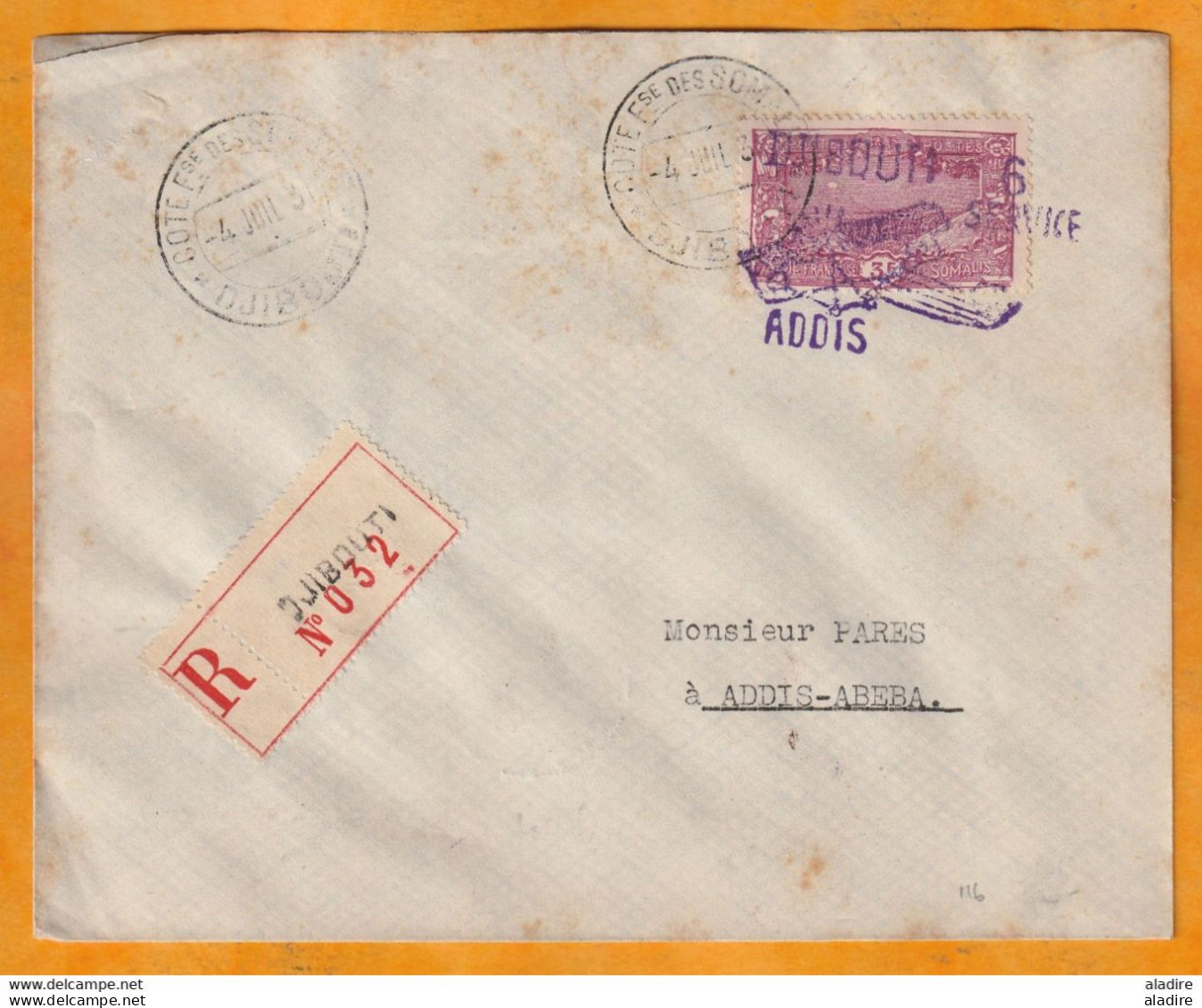 1931 - Enveloppe Par Avion Reco De Djibouti, Côte Française Somalis Vers Addis Abeba, Ethiopie - Griffe Service Addis - Lettres & Documents