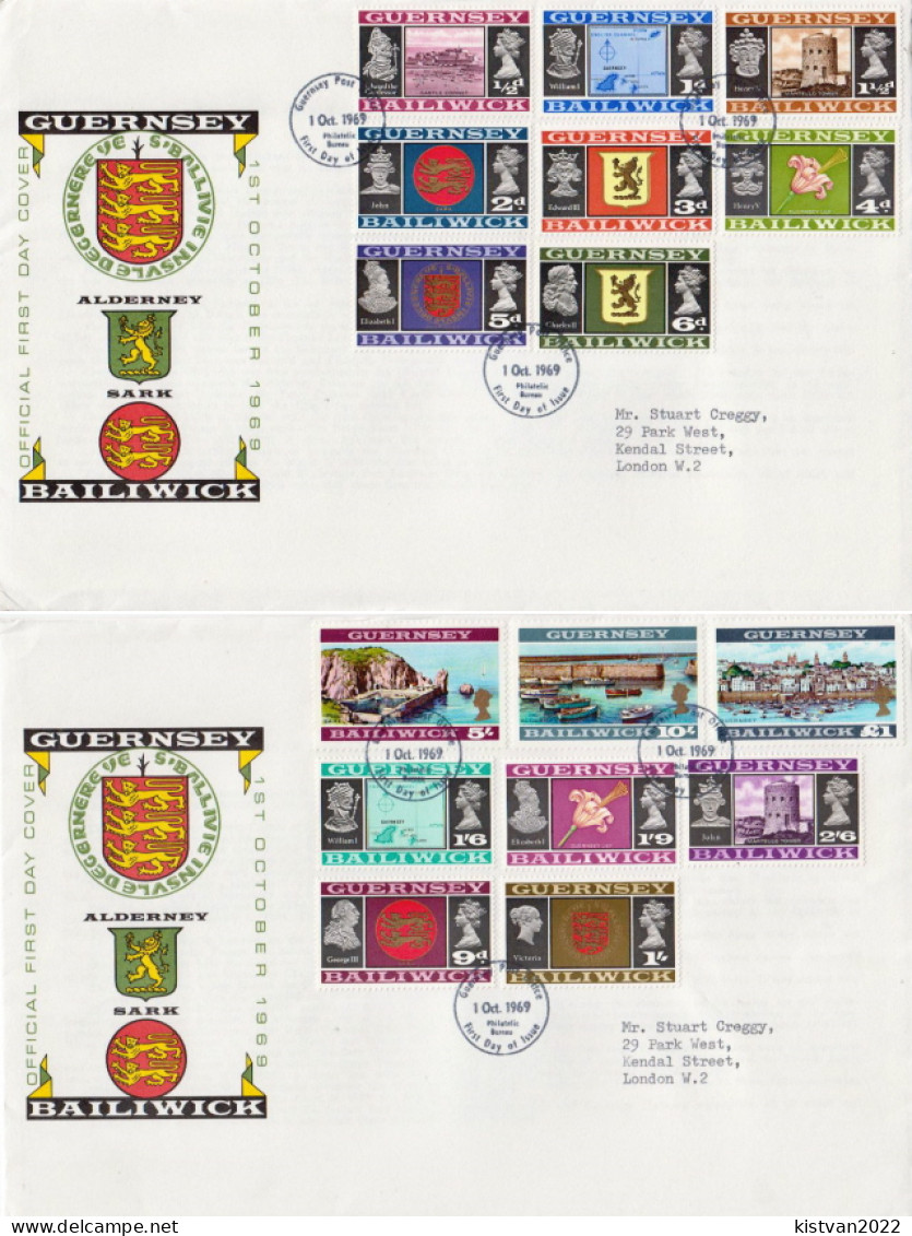 Guernsey Full Set On 2 Used FDCs - Buste