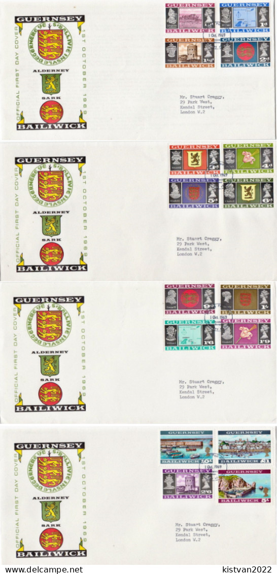 Guernsey Full Set On 4 Used FDCs - Enveloppes