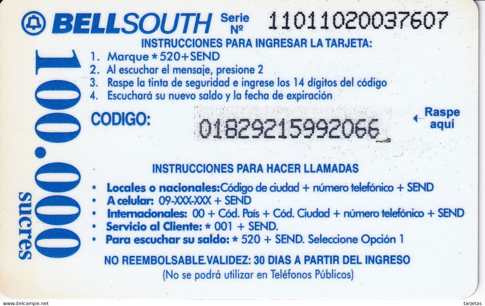 TARJETA DE ECUADOR DE UN OSO DE ANTEOJOS (BEAR) VALIDEZ 30 DIAS - Ecuador