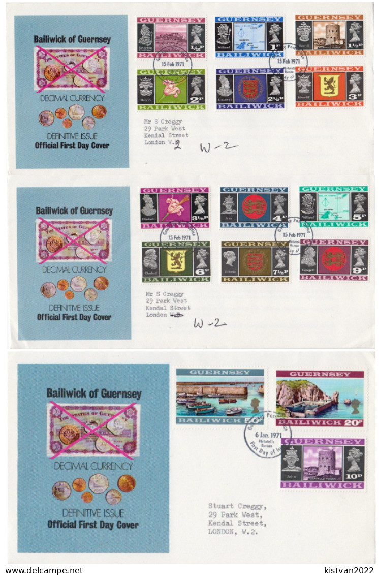 Guernsey Full Set On 3 Used FDCs - Enveloppes