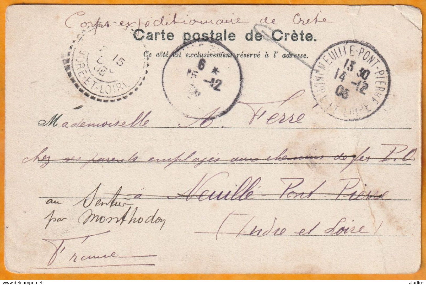 1905 - - CORPS EXPEDITIONNAIRE - Carte Postale De LA CANEE, CRETE Vers Neuillé, Indre Et Loire - 5 C Blanc Crête - Autres & Non Classés