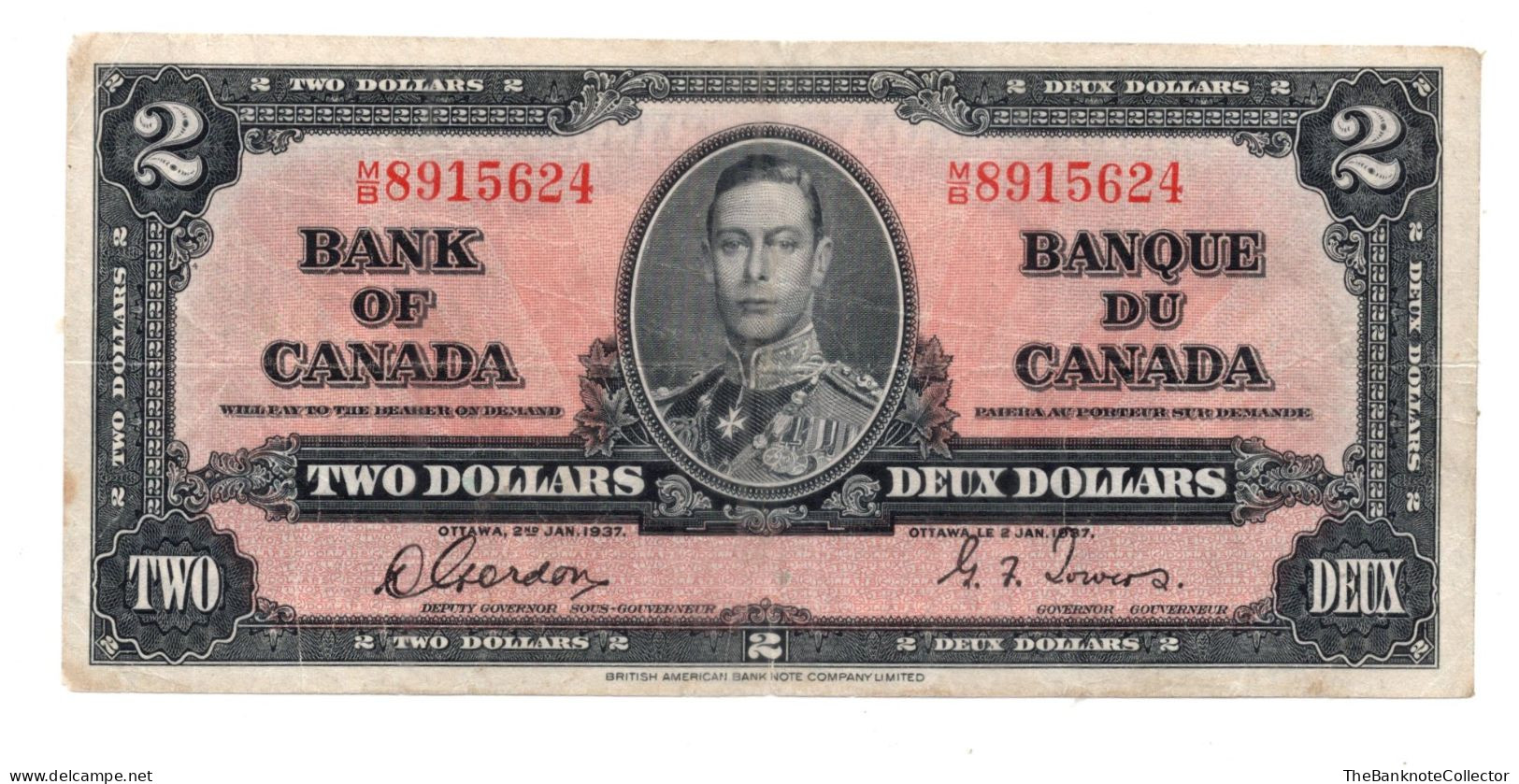 Canada 2 Dollars 1937  KGVI P-59 Gordon Towers Sign VF - Canada