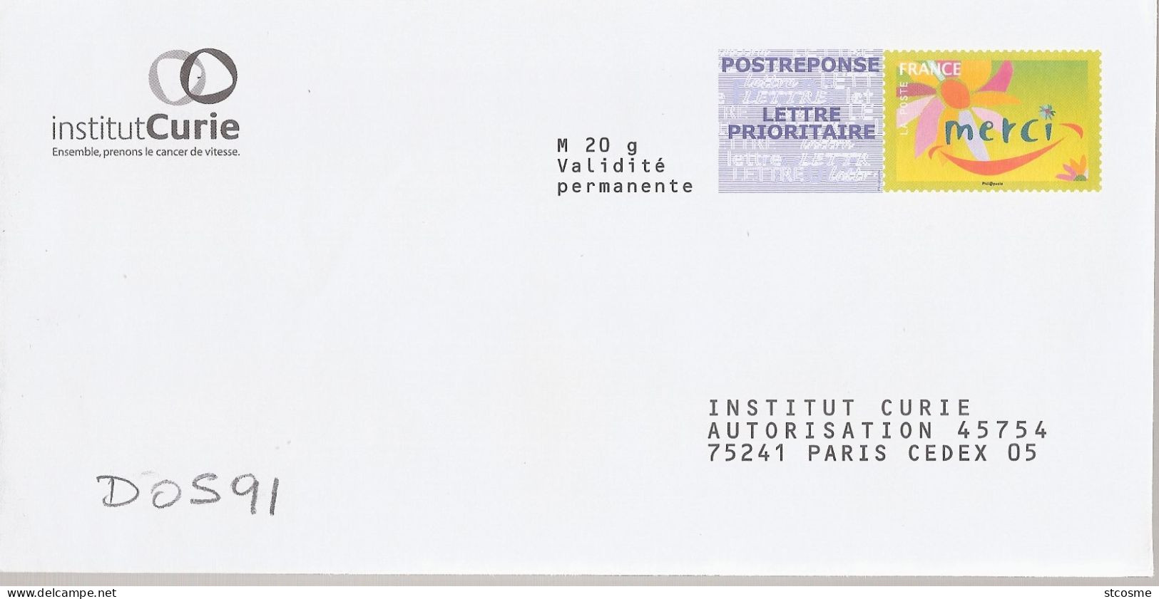 D0591 - Entier Postal PAP Réponse Merci - Institut Curie - Agrément 13P463 - PAP : Risposta