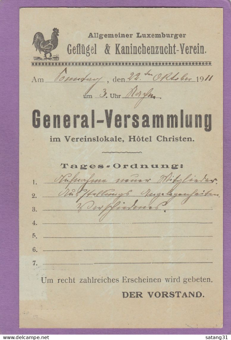 ALLGEMEINER LUXEMBURGER GEFLÜGEL & KANNINCHENZUCHT VEREIN.POSTKARTE NACH HOLLERICH,1911. - 1907-24 Wapenschild