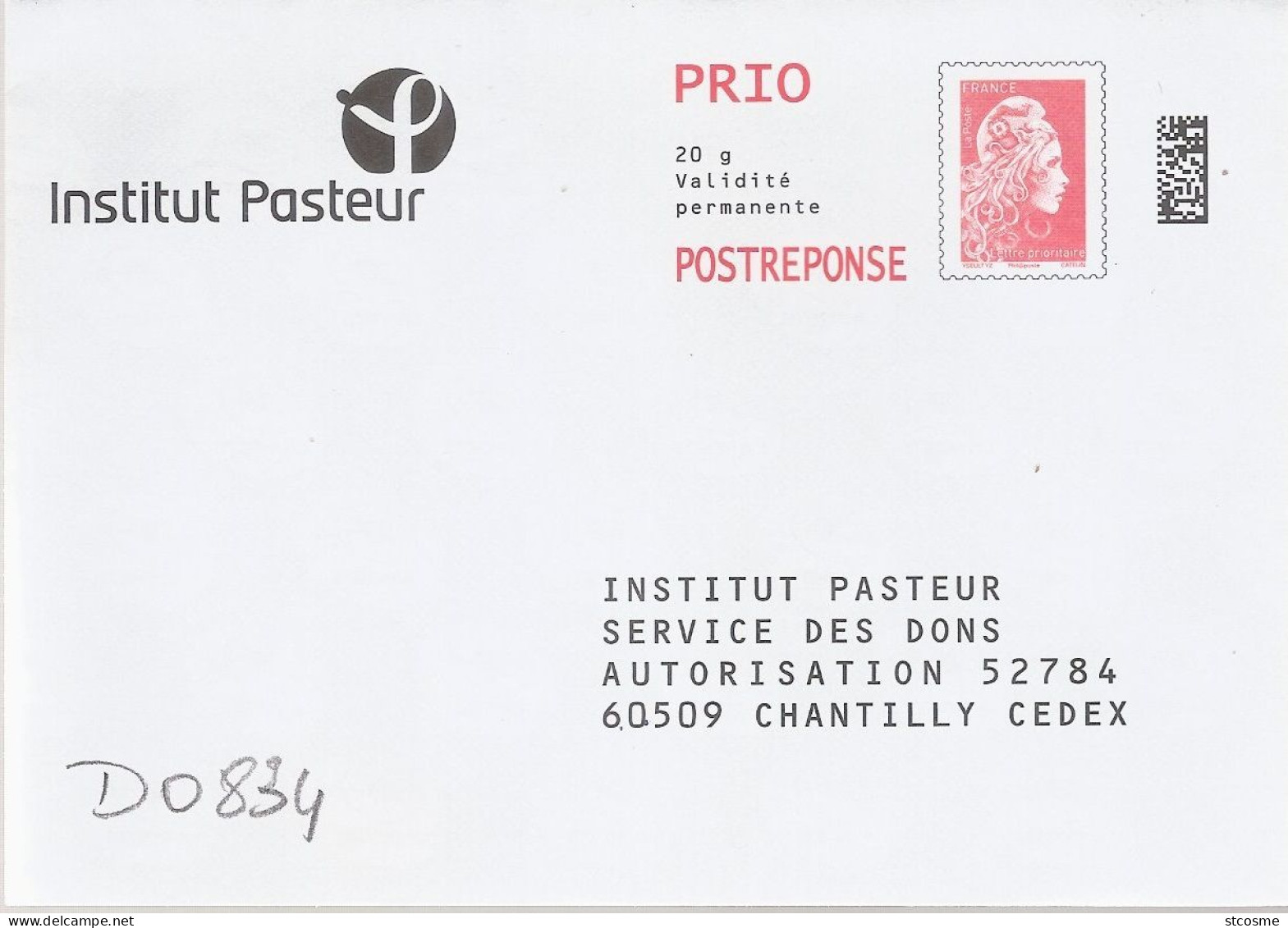 D0834 - Entier Postal PAP Réponse CATELIN - INSTITUT PASTEUR (agrément 209297) - PAP: Antwort/Marianne L'Engagée