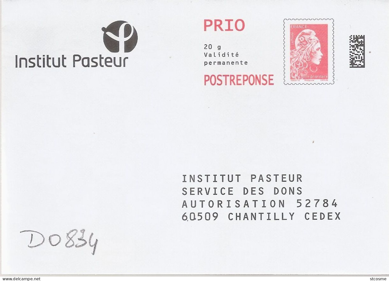D0834 - Entier Postal PAP Réponse CATELIN - INSTITUT PASTEUR (agrément 209297) - Prêts-à-poster: Réponse /Marianne L'Engagée