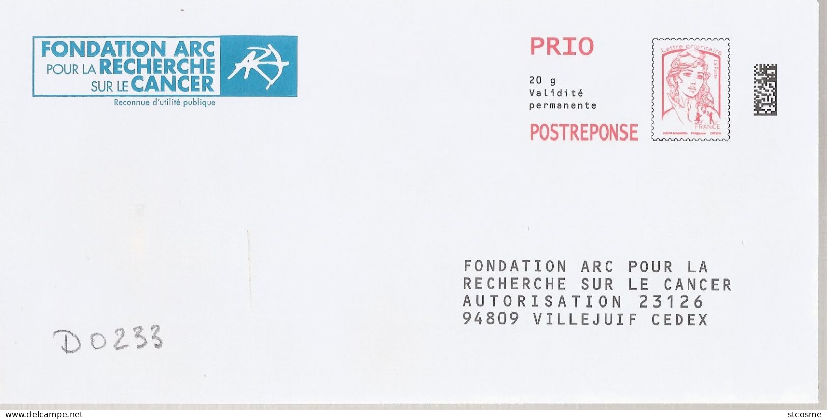 D0233 - Entier Postal PAP Réponse CIAPPA - Fondation ARC Recherche Cancer (agrément 16P365) - PAP : Antwoord /Ciappa-Kavena