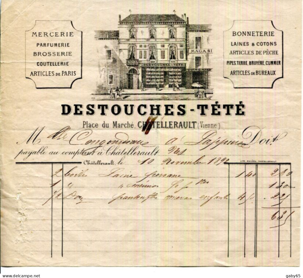 FACTURE.86.CHATELLERAULT.MERCERIE.BONNETERIE.DESTOUCHES-TÉTÉ PLACE DU MARCHÉ. - Textile & Vestimentaire