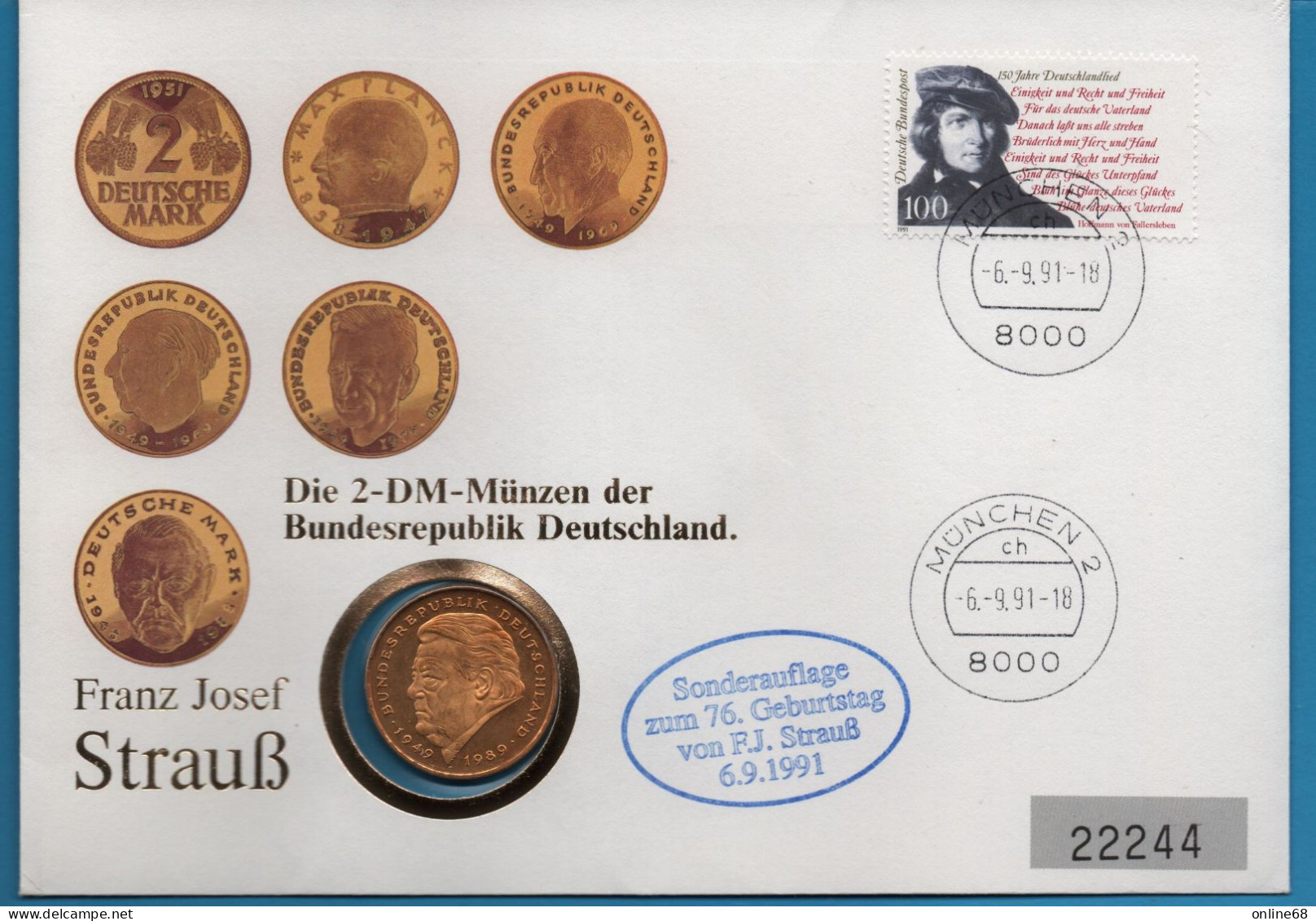 DEUTSCHLAND GERMANY NUMISLETTER 2 MARK 1990 J F.J STRAUSS VERGOLDET GOLD PLATED - 2 Marcos