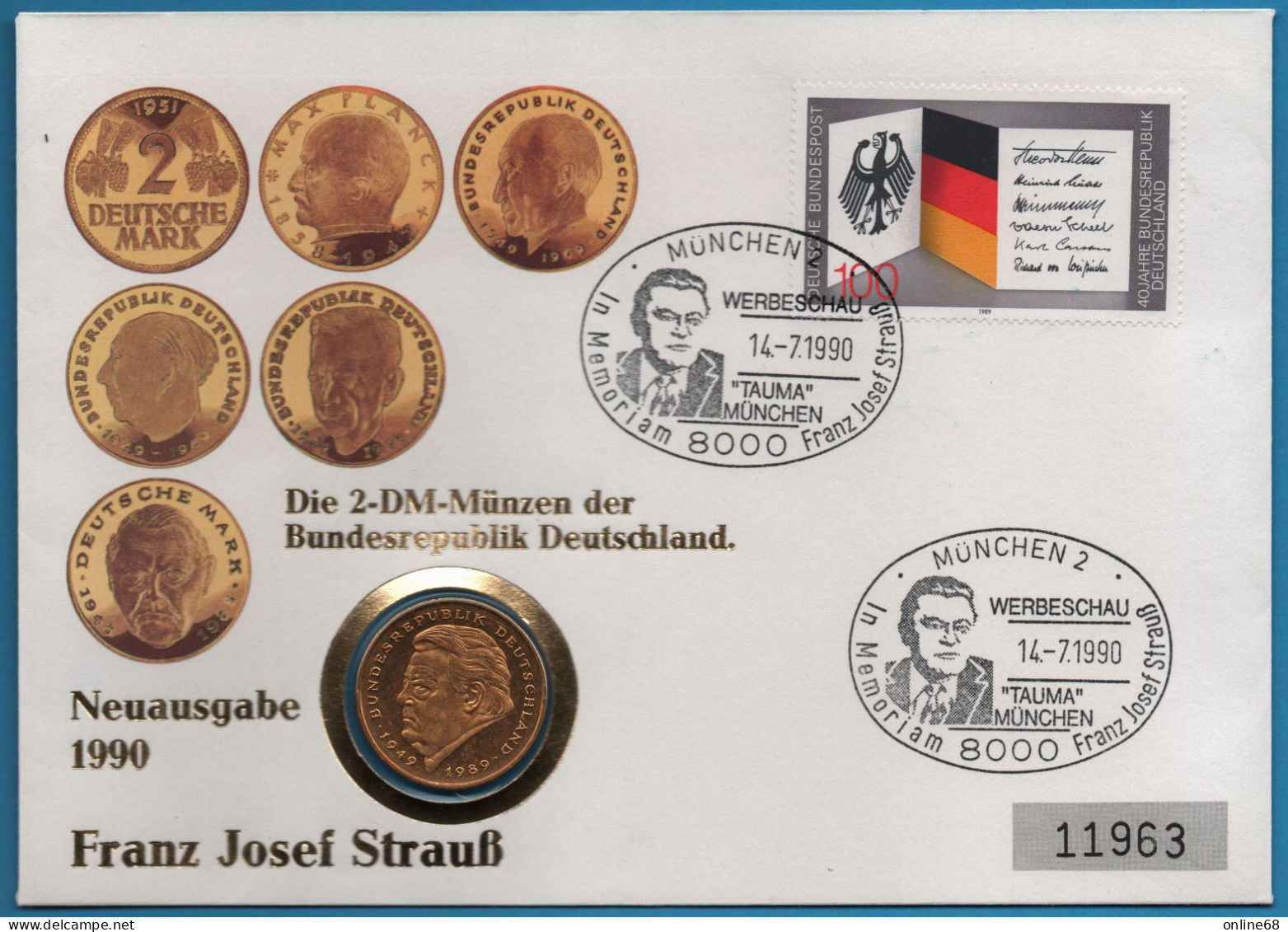 DEUTSCHLAND GERMANY NUMISLETTER 2 MARK 1990 D F.J STRAUSS VERGOLDET GOLD PLATED - 2 Marchi