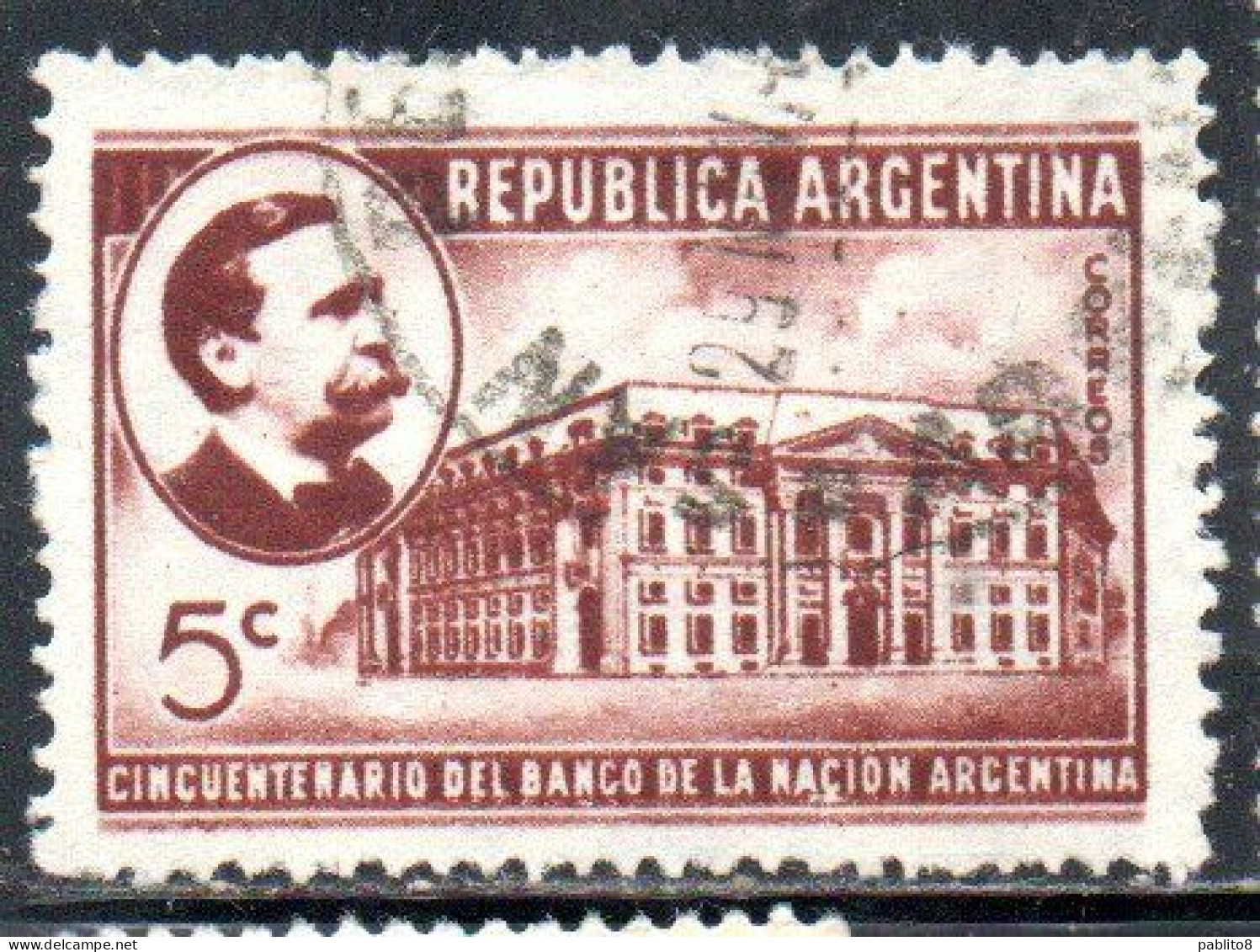 ARGENTINA 1941 FOUNDING OF THE BANK OF THE NATION CARLOS PELLEGRINI 5c  USED USADO OBLITERE' - Usati