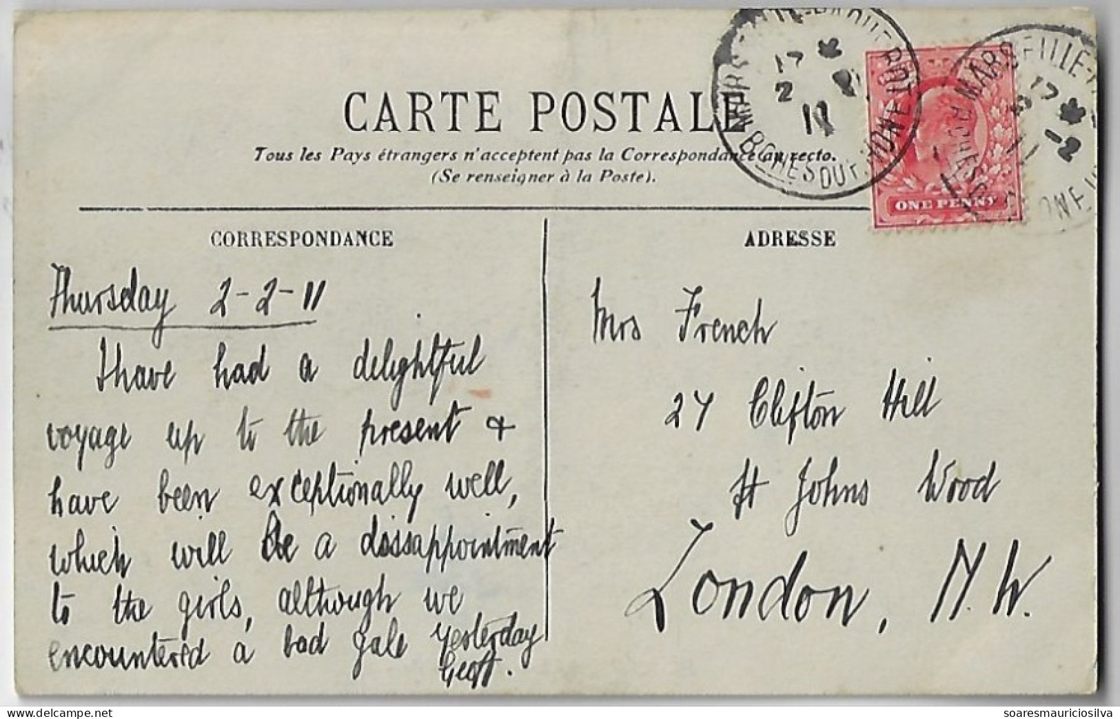 Great Britain 1911 Postcard La Corniche Sent From Marseille To London Stamp King Edward VII 1 Penny + France Cancel - Covers & Documents