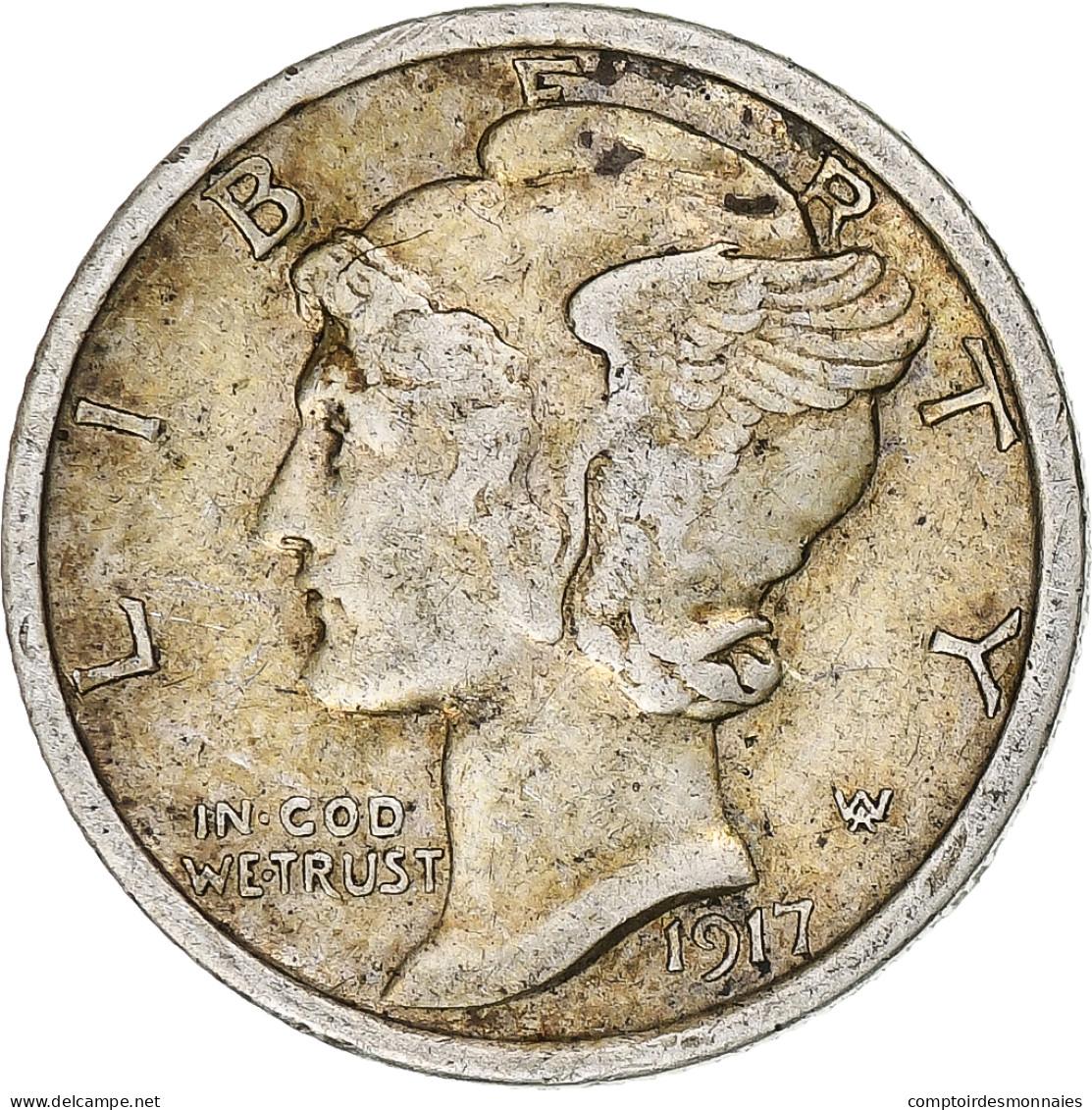 États-Unis, Dime, Mercury, 1917, Philadelphie, Argent, TTB - 1916-1945: Mercury