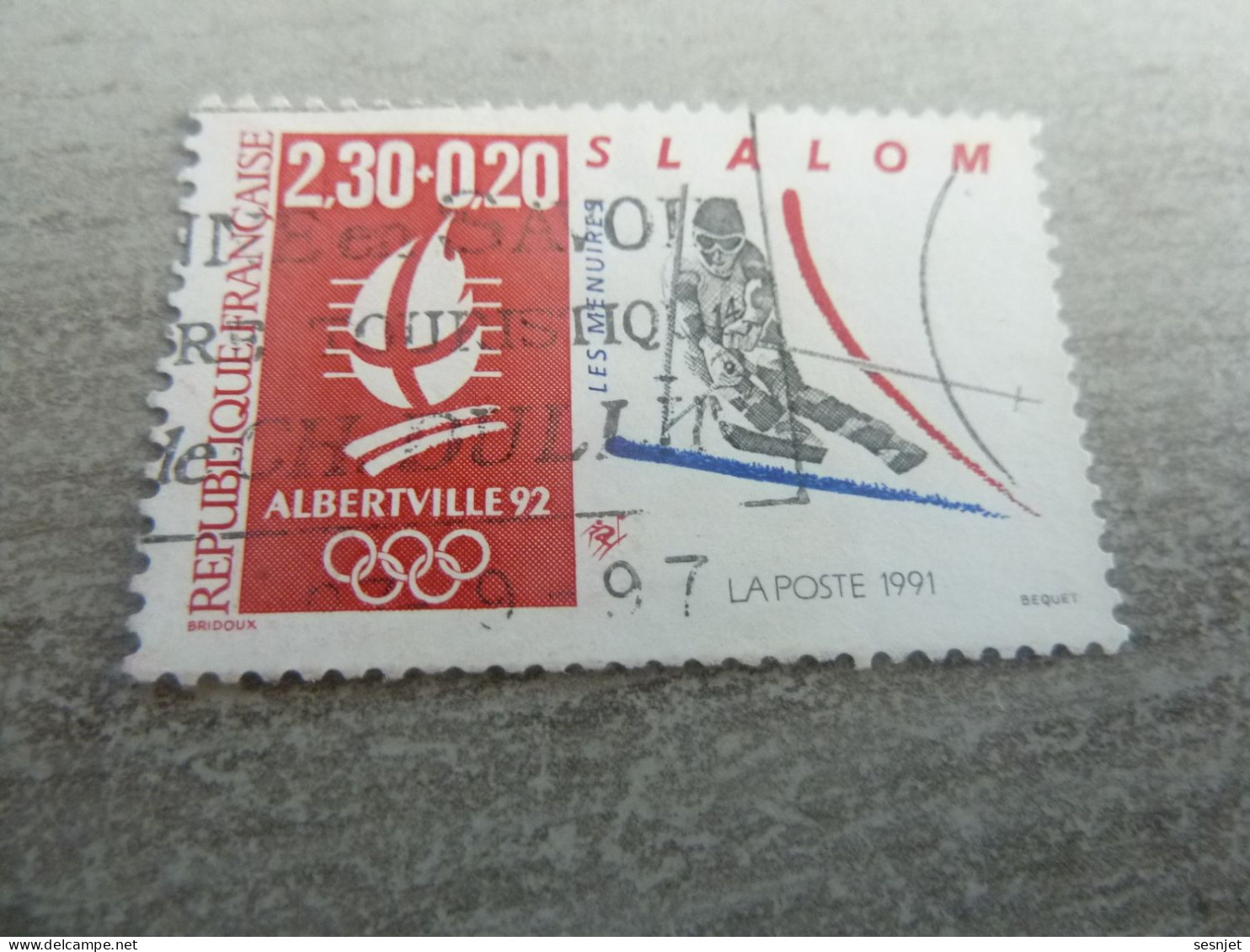 Les Ménuires - J.O D'Hiver 92 - Slalom - 2f.30+20c. - Yt 2676 - Rouge, Gris Et Bleu - Oblitéré - Année 1991 - - Winter 1992: Albertville