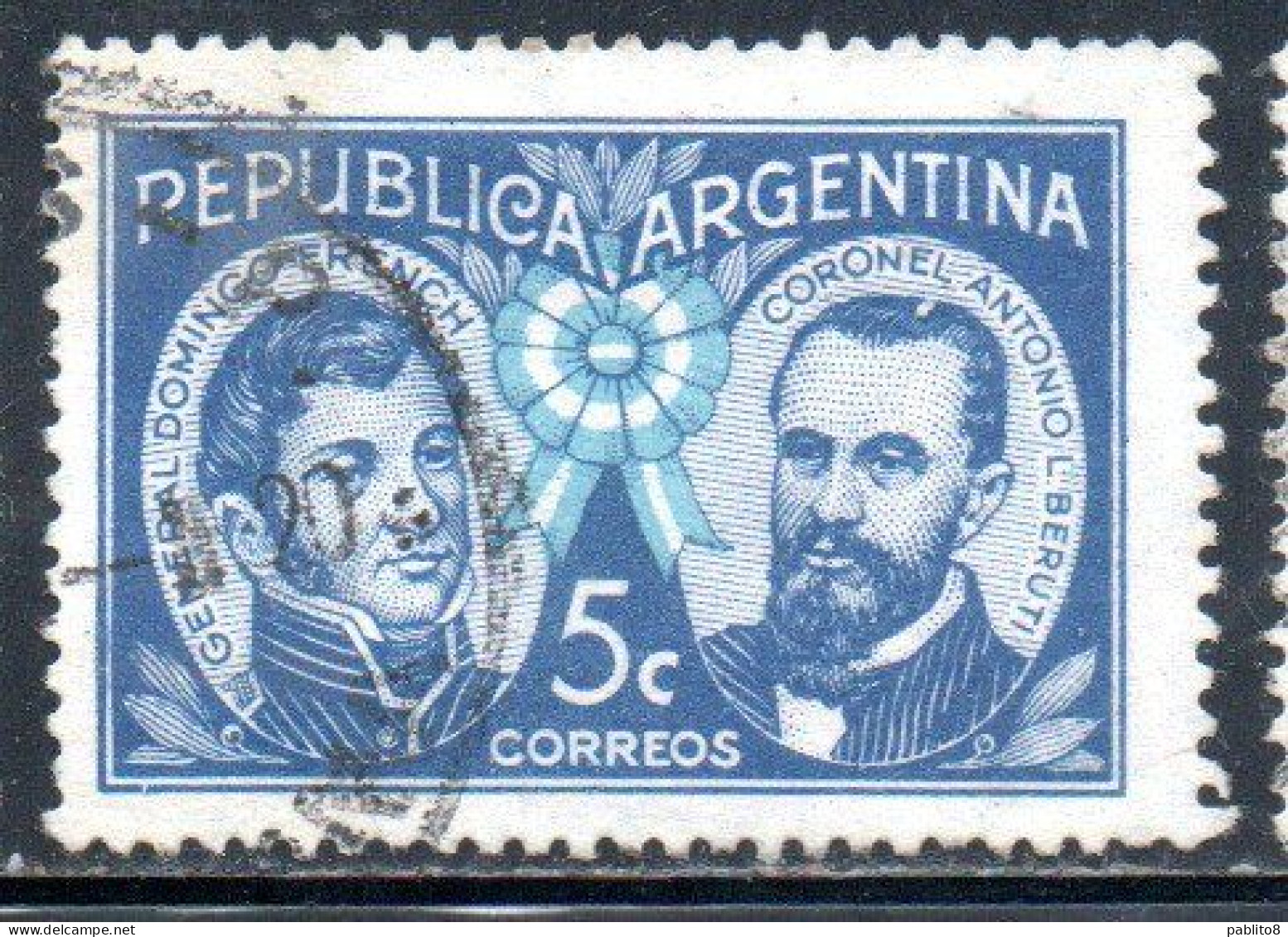 ARGENTINA 1941 GENERAL DOMINGO FRENCH AND COLONEL ANTONIO BERUTI 5c  USED USADO OBLITERE' - Usati