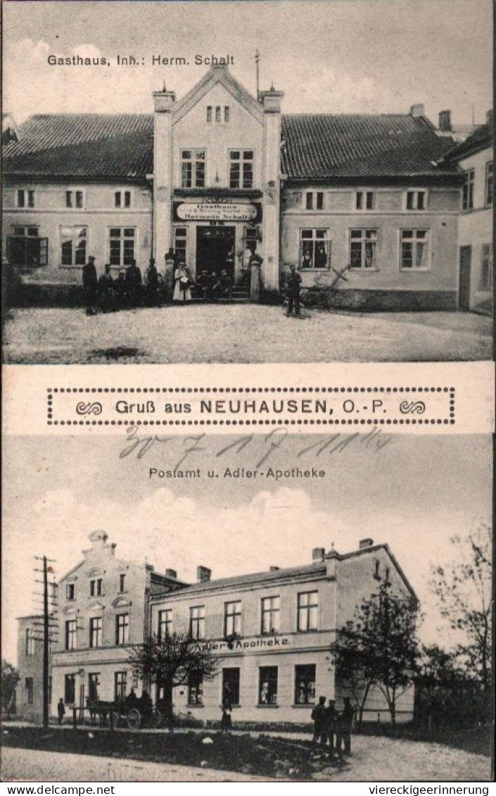 ! Alte Ansichtskarte Gruß Aus Nauhausen In Ostpreußen, Gasthaus, Postamt, Apotheke, 1917 - Ostpreussen