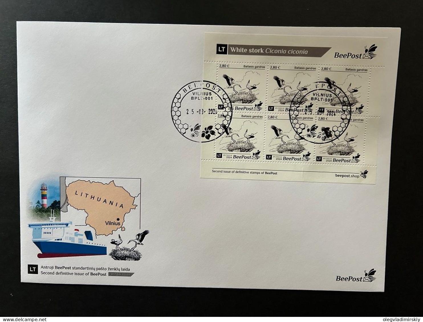 Lithuania Litauen Lituanie 2024 Definitives White Stork Bird BeePost Sheetlet FDC - Storchenvögel