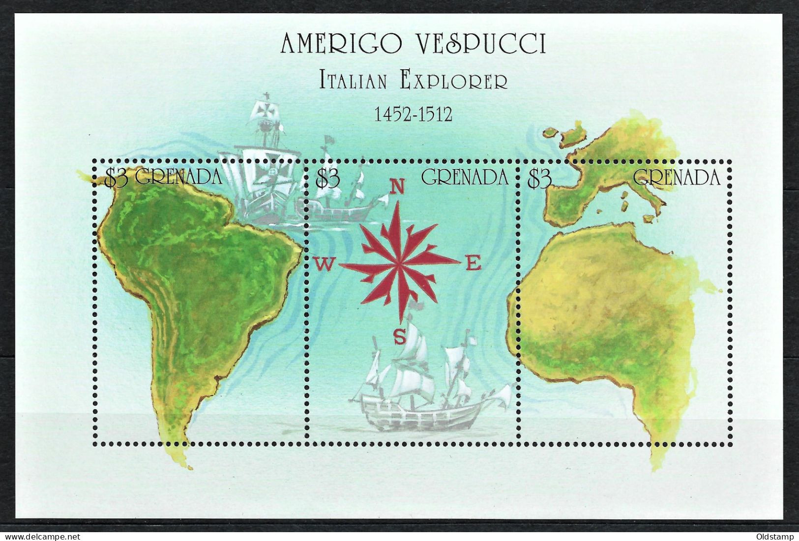 Grenada 2002 MNH Ships Sailing Sea Ocean Vespucci Explorer Italian Maps America Transatlantic Expedition Stamp Block - Schiffe