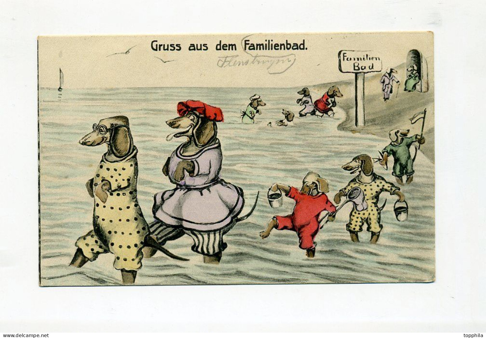 1917 Dt. Reich Farbkarte Karikaturkarte Seebad Mit Hunden In Menschengestalt  Per Marineschiffspost MSP 96 - Perros