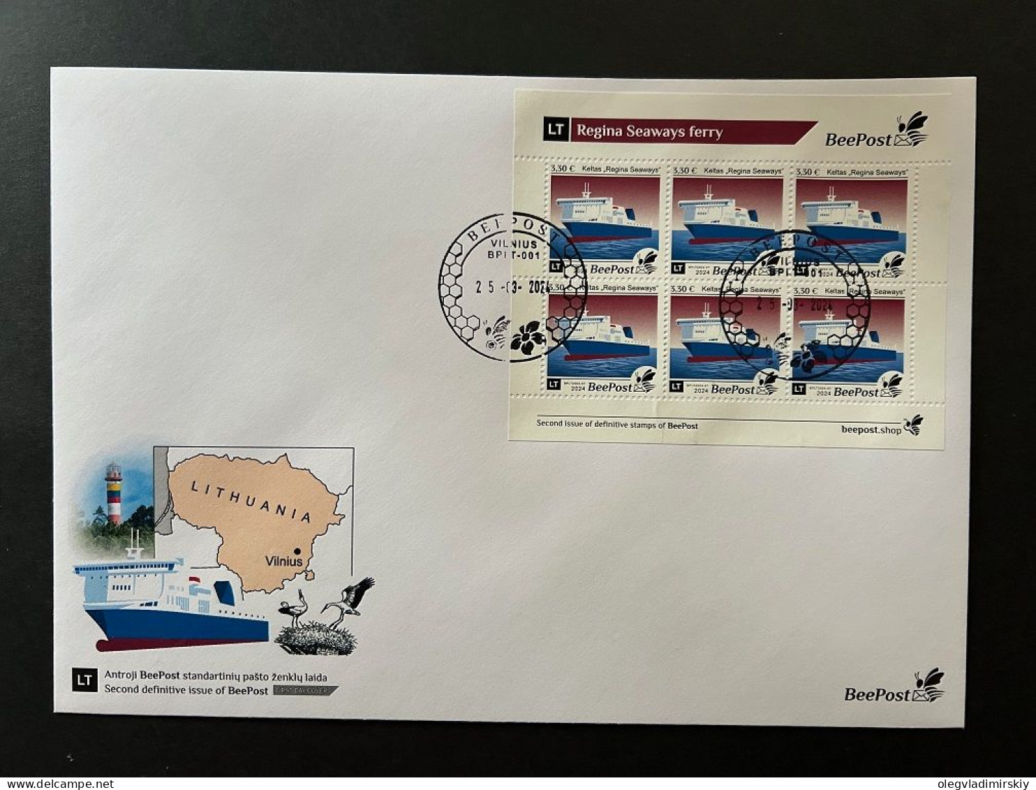 Lithuania Litauen Lituanie 2024 Definitives White Stork Bird BeePost Sheetlet FDC - Schiffe