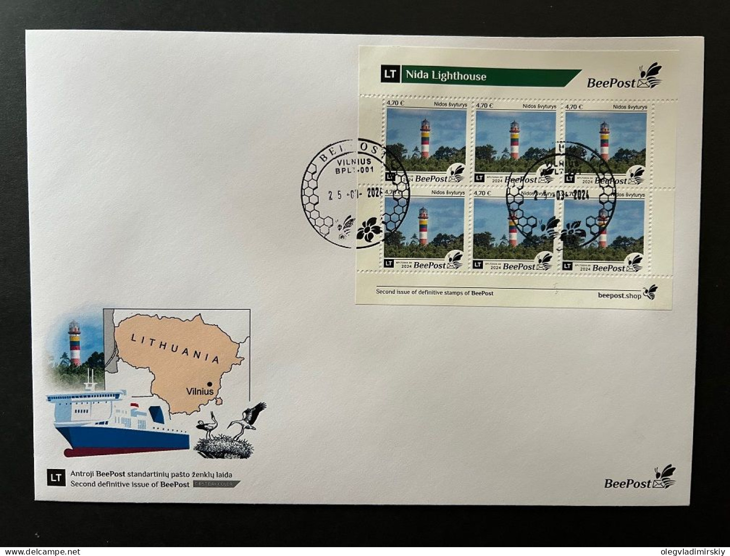 Lithuania Litauen Lituanie 2024 Definitives Nida Lighthouse BeePost Sheetlet FDC - Lighthouses