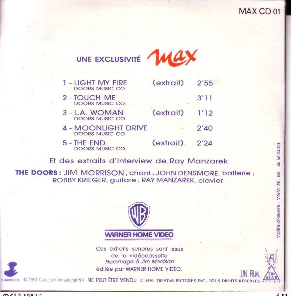 THE DOORS - CD EXCLUSIVITE MAX - POCHETTE CARTON 5 TRACKS ET EXTRAITS D'INTERVIEW DE RAY MANZAREK - Autres - Musique Anglaise