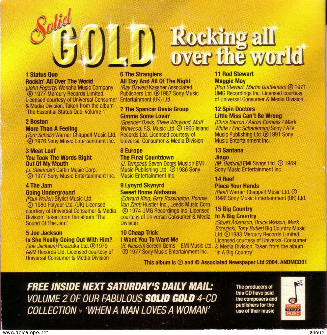 SOLID GOLD VOL 1 - CD DAILY MAIL - POCHETTE CARTON 15 TRACKS - STATUS QUO, BOSTON, MEAT LOAF, THE JAM AND MORE - Other - English Music