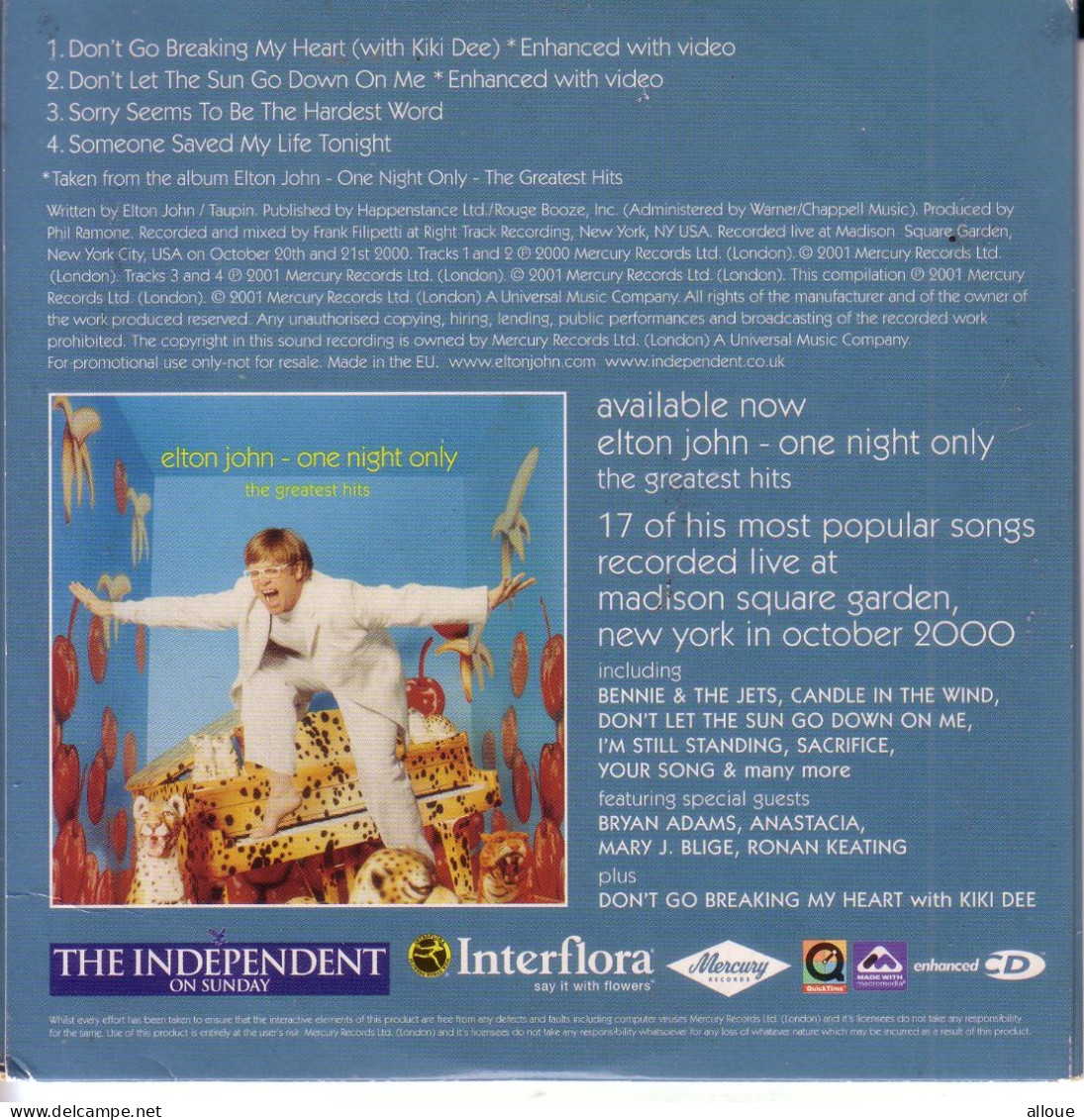 ELTON JOHN - ONE NIGHT ONLY - CD PROMO THE INDEPENDENT - POCHETTE CARTON 4TRACKS - Autres - Musique Anglaise