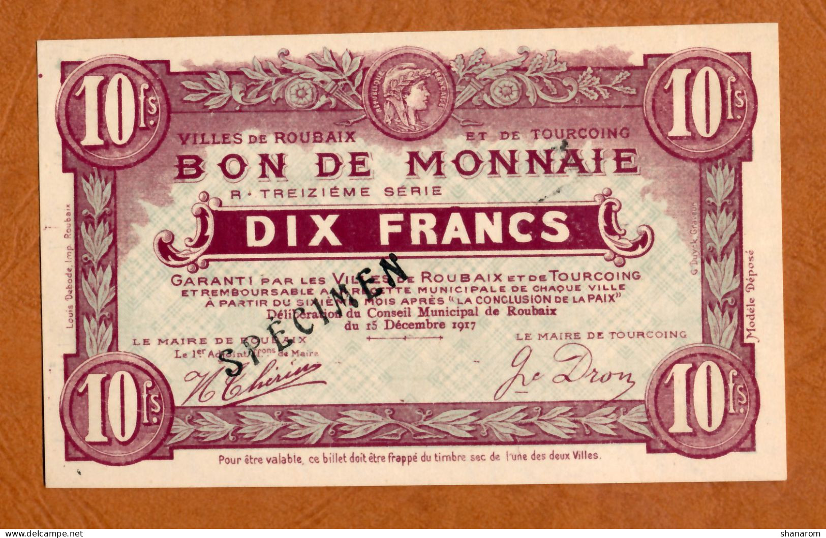 ROUBAIX & TOURCOING (Nord 59) // Décembre 1917 // Treizième Série // Bon De Dix Francs // SPECIMEN - Bonds & Basic Needs