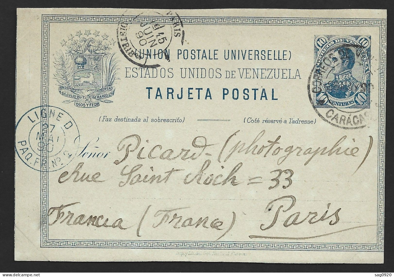 Venezuela-Entier Postal Caracas Pour La France-Cachet LIGNE D PAQ.FR.N°2 - Venezuela