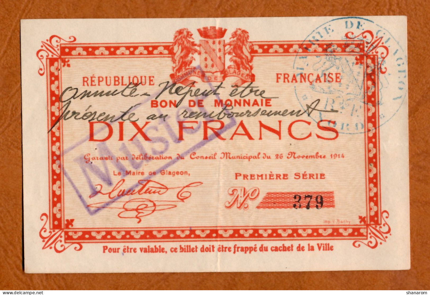 GLAGEON (Nord 59) // Novembre 1914 // Première Série // Bon De Dix Francs // MUNSTER/ANNULE - Bonds & Basic Needs