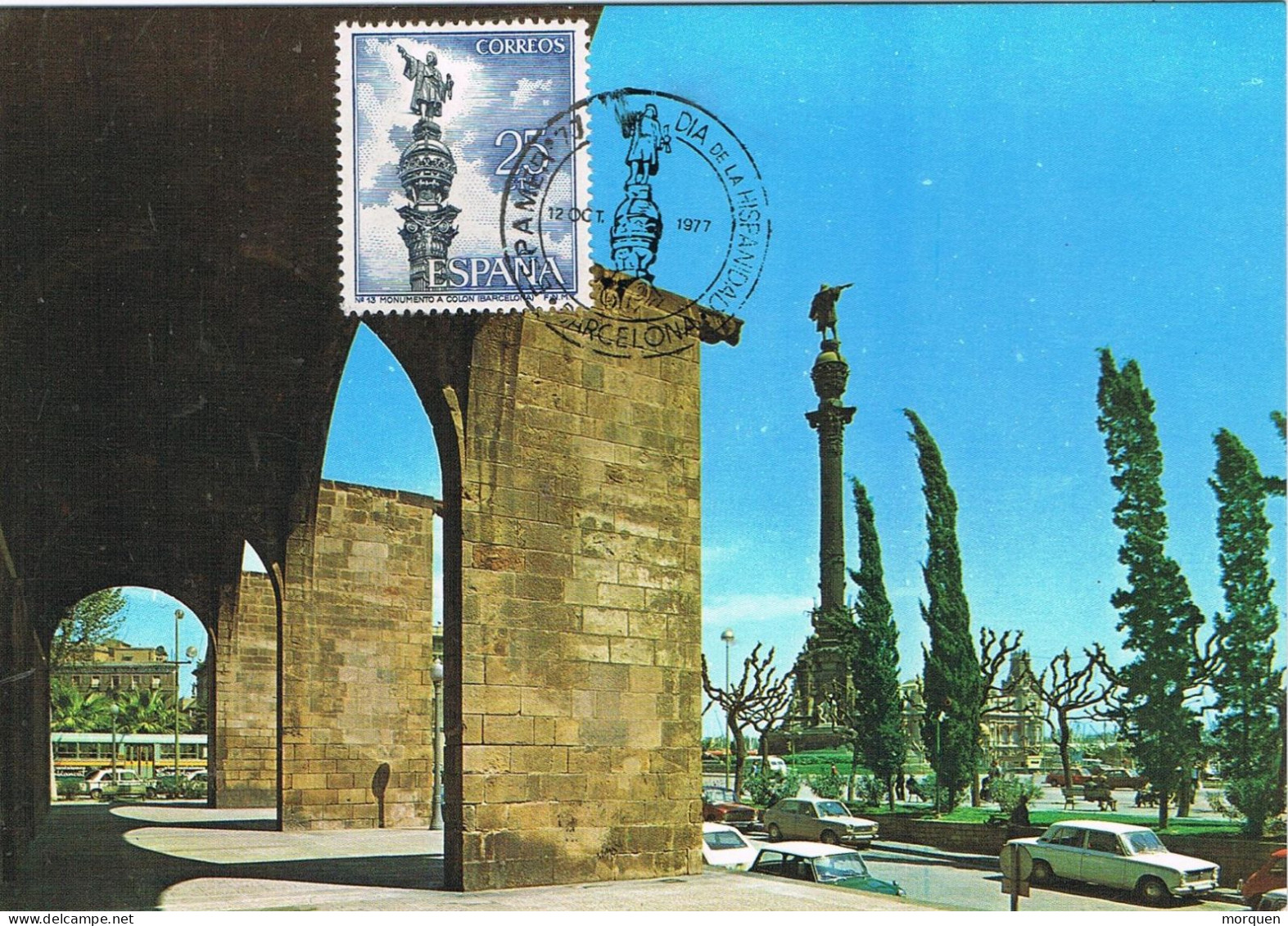 54595. Tarjeta Maxima BARCELONA  1977. Monumento A COLON  Y Atarazanas. ESPAMER - Maximum Kaarten